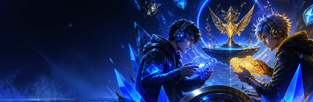 Banner đấu trường game hot với hai nhân vật và hiệu ứng hologram